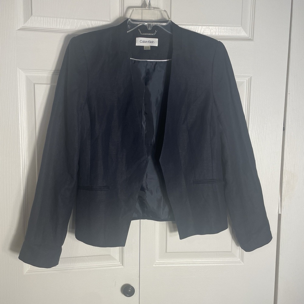 Calvin Klein Linen Blend Blazer Petite 14 Navy Blue Open Front Classic Office